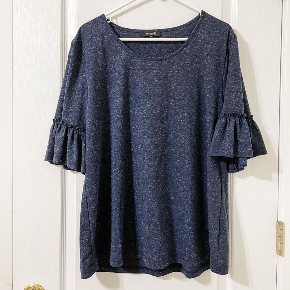 Amaryllis Ruffled Short Sleeve Blouse 1XL Blue
